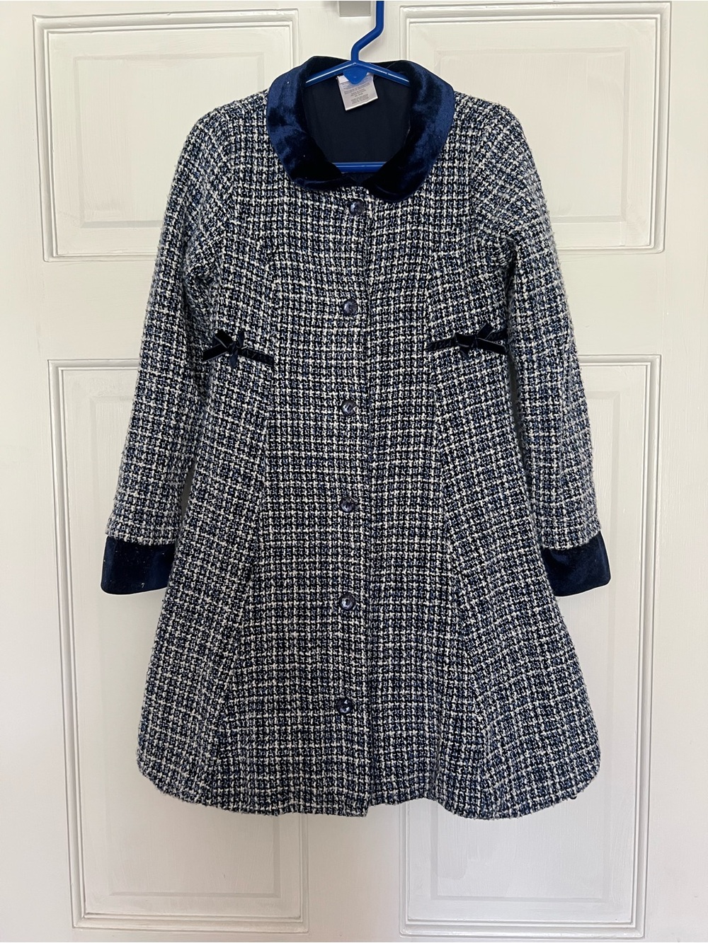 Nannette Navy and White Tweed A-Line Pea Coat with Velvet Trim